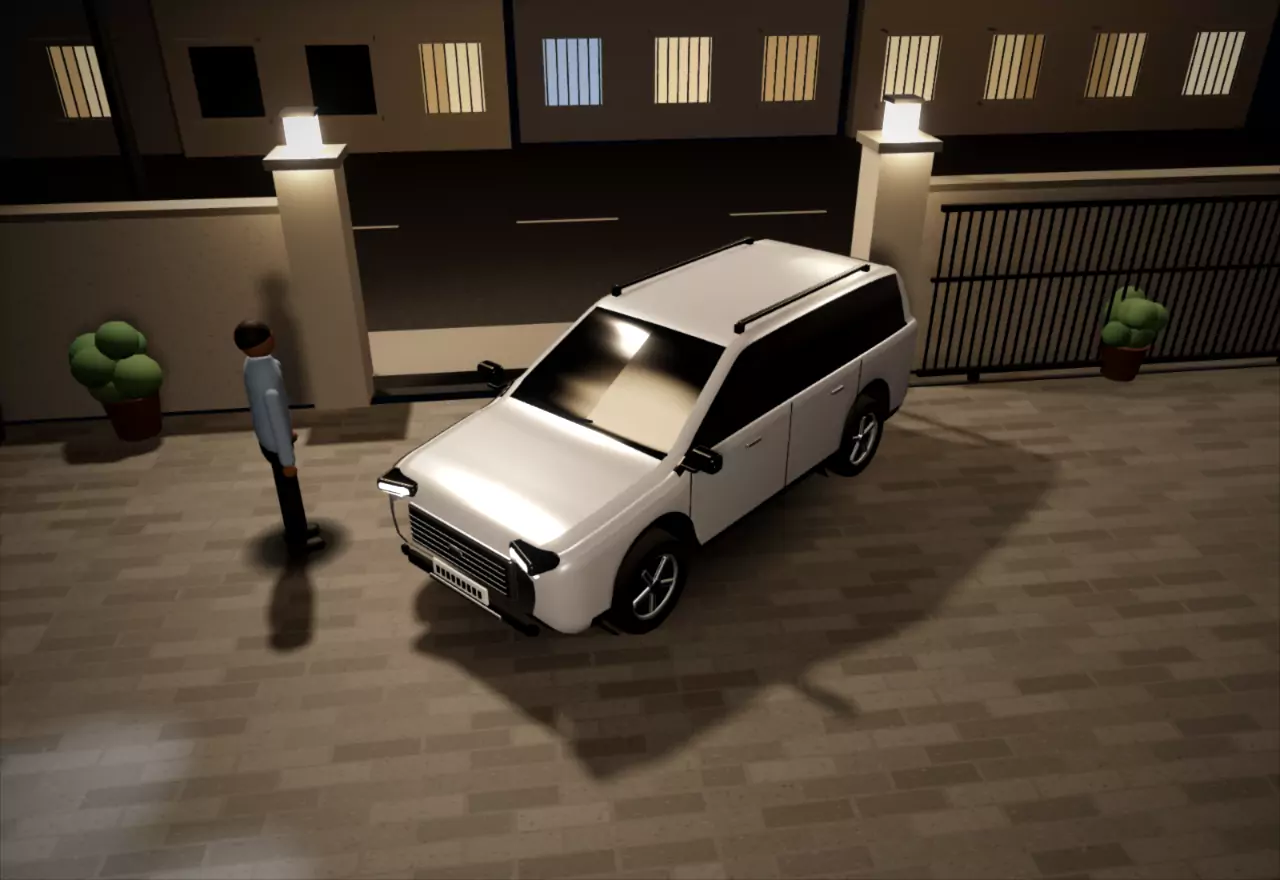 Camera frame of a gate at night: the AI has drawn a box labelled Person 97% and a box labelled Car 94%.